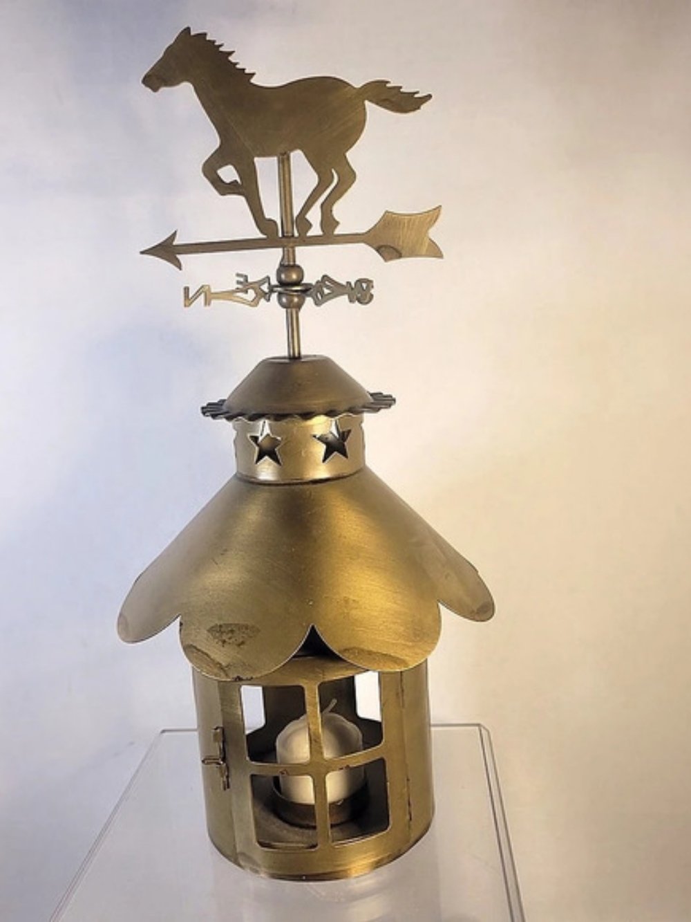 Vintage Brass Horse Weathervane Candle Lantern Rustic Star Cutout Cupola Decor
